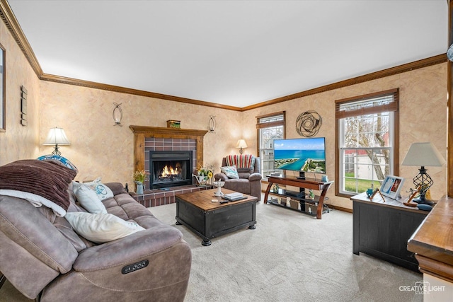 1359 Pine St, Batavia, IL 60510 - living area with carpet floors, healthy amount of natural light, a tile fireplace, and crown molding