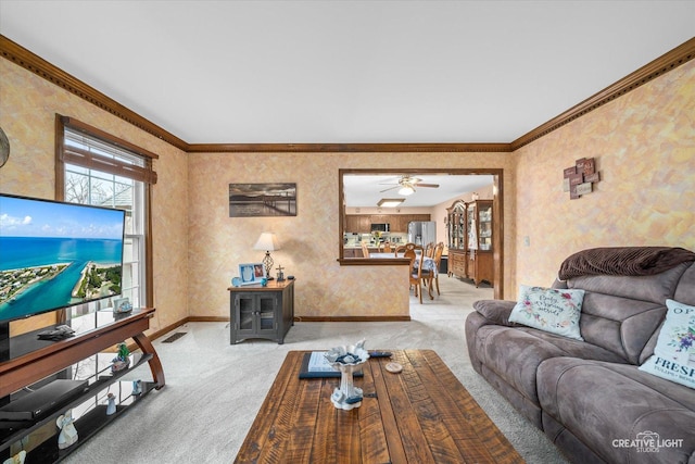 1359 Pine St, Batavia, IL 60510 - living room with carpet floors, wallpapered walls, baseboards, crown molding, and ceiling fan
