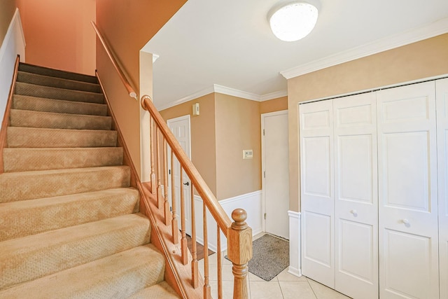 1730 Napoleon Dr, Naperville, IL 60565 - stairs with tile patterned flooring, crown molding, and carpet floors