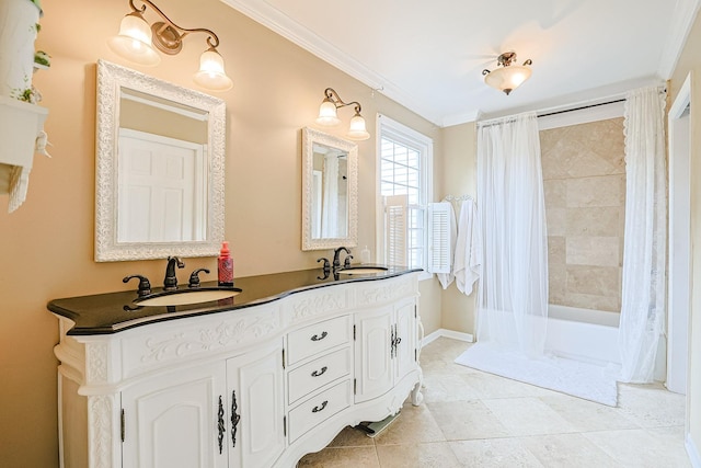 1730 Napoleon Dr, Naperville, IL 60565 - full bathroom featuring ornamental molding, double vanity, shower / tub combo, and tile patterned flooring