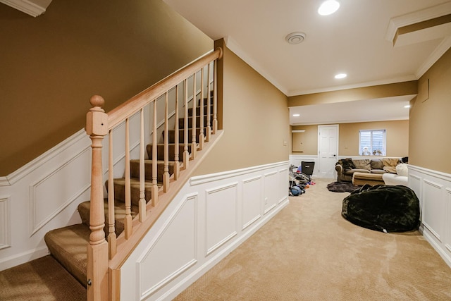 1730 Napoleon Dr, Naperville, IL 60565 - stairs with a decorative wall, wainscoting, ornamental molding, carpet flooring, and recessed lighting