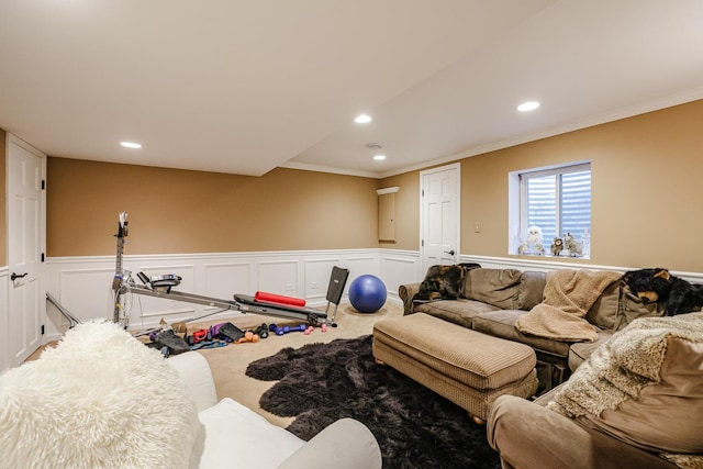 1730 Napoleon Dr, Naperville, IL 60565 - carpeted living room featuring crown molding, recessed lighting, and wainscoting