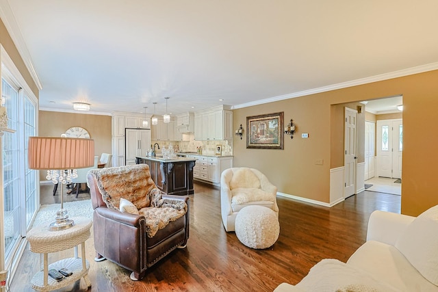 1730 Napoleon Dr, Naperville, IL 60565 - living room featuring dark wood finished floors, ornamental molding, and baseboards
