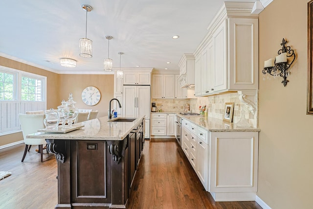 1730 Napoleon Dr, Naperville, IL 60565 - kitchen featuring a sink, dark wood-type flooring, tasteful backsplash, light stone countertops, and crown molding