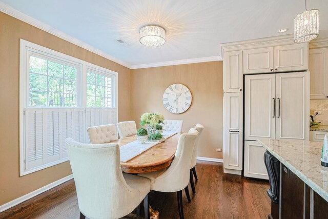 1730 Napoleon Dr, Naperville, IL 60565 - dining area with a chandelier, baseboards, crown molding, dark wood-style flooring, and recessed lighting