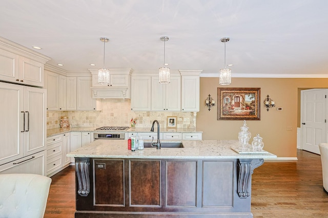 1730 Napoleon Dr, Naperville, IL 60565 - kitchen with a sink, paneled fridge, decorative backsplash, ornamental molding, and light stone counters