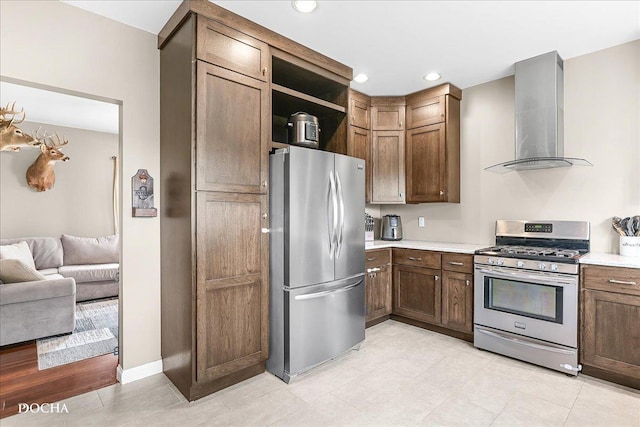 32900 N 2000 E Rd, Dwight, IL 60420 - kitchen with stainless steel appliances, wall chimney exhaust hood, light countertops, open shelves, and recessed lighting