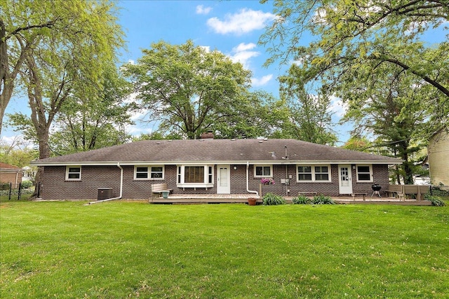 20424 Ithaca Rd, Olympia Fields, IL 60461 - rear view of property featuring a wooden deck, brick siding, central air condition unit, and a chimney