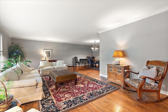 20424 Ithaca Rd, Olympia Fields, IL 60461 - living area featuring crown molding, a chandelier, wood finished floors, and baseboards