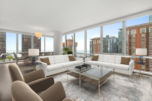 505 N Mcclurg Ct Unit 2003, Chicago, IL 60611 - living area with floor to ceiling windows, plenty of natural light, a view of city, and a chandelier