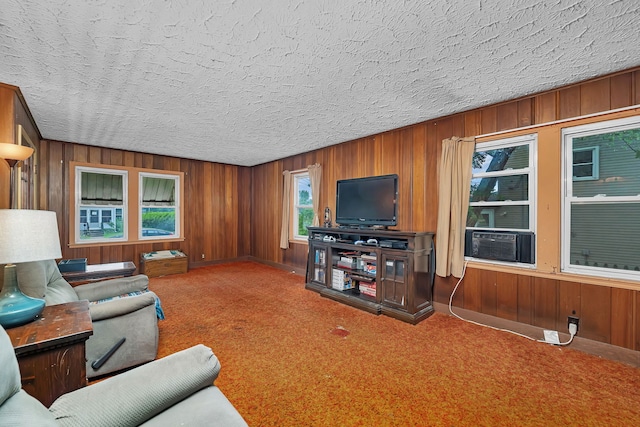 170 E Church St, Coal City, IL 60416 - carpeted living room featuring wooden walls, cooling unit, and a textured ceiling