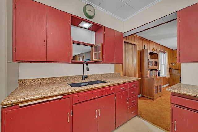 170 E Church St, Coal City, IL 60416 - kitchen featuring red cabinets, light carpet, light countertops, wooden walls, and ornamental molding