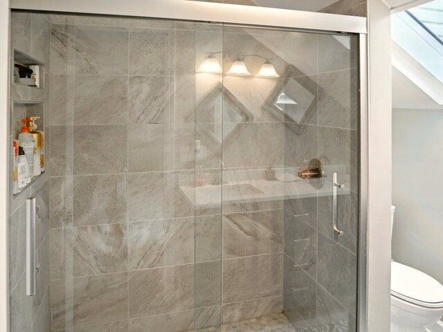 500 Muscovy Ln, Bloomingdale, IL 60108 - bathroom with a stall shower, toilet, and a skylight