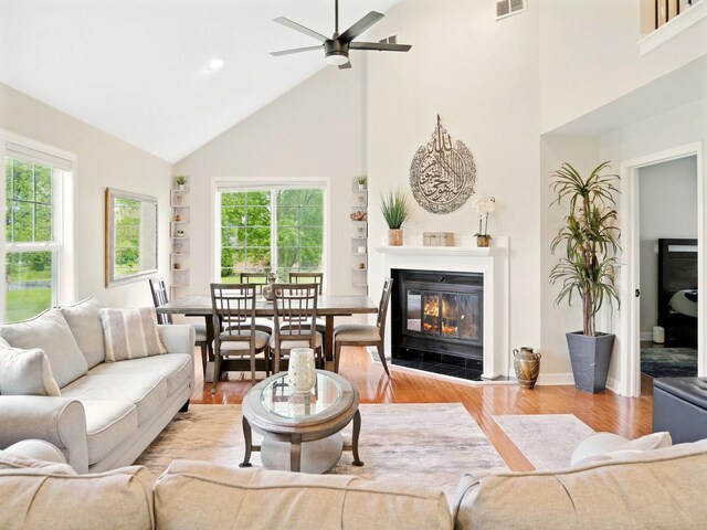 500 Muscovy Ln, Bloomingdale, IL 60108 - living room featuring high vaulted ceiling, a glass covered fireplace, healthy amount of natural light, wood finished floors, and ceiling fan