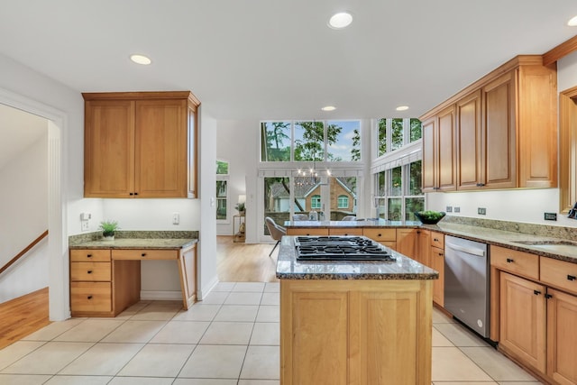 1700 Cornell Ct, Lake Forest, IL 60045 - kitchen featuring stainless steel dishwasher, gas cooktop, recessed lighting, stone counters, and a chandelier