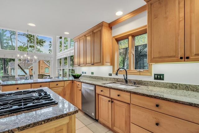 1700 Cornell Ct, Lake Forest, IL 60045 - kitchen with dishwasher, a sink, black gas stovetop, stone counters, and recessed lighting