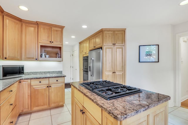 1700 Cornell Ct, Lake Forest, IL 60045 - kitchen with black appliances, light tile patterned flooring, light brown cabinetry, recessed lighting, and stone counters