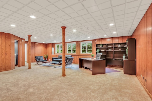 1700 Cornell Ct, Lake Forest, IL 60045 - home office featuring ornate columns, wood walls, light colored carpet, and recessed lighting