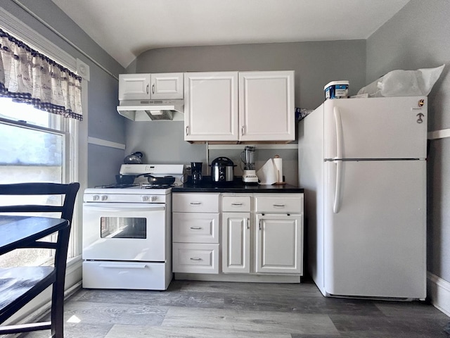 252 Jefferson Ave, Elgin, IL 60120 - kitchen with white appliances, under cabinet range hood, white cabinetry, dark countertops, and wood finished floors
