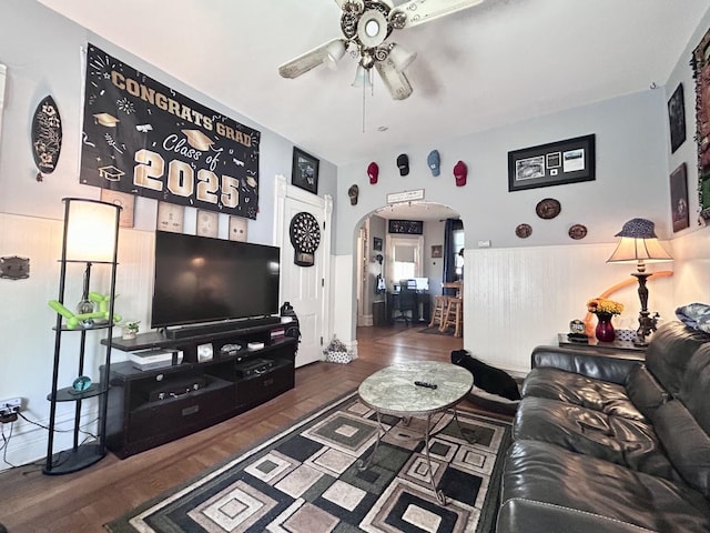 252 Jefferson Ave, Elgin, IL 60120 - living room with arched walkways, a ceiling fan, and wood finished floors