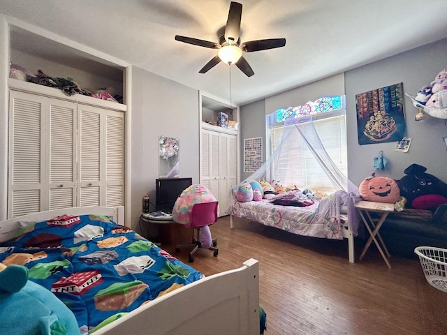 252 Jefferson Ave, Elgin, IL 60120 - bedroom with multiple closets, wood finished floors, and ceiling fan