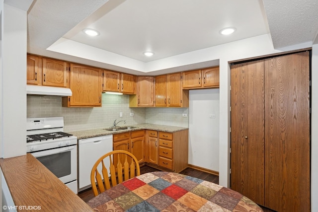 4009 W 93rd Pl Unit 2B, Oak Lawn, IL 60453 - kitchen featuring white appliances, a sink, under cabinet range hood, dark wood-style flooring, and decorative backsplash