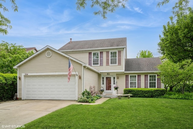 524 Crown Point Dr, Buffalo Grove, IL 60089 - view of front of house with driveway, a garage, a front lawn, and a shingled roof