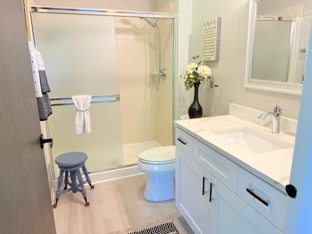 21528 W Douglas Court -, Plainfield, IL 60544 - full bathroom featuring wood finished floors, toilet, a stall shower, and vanity