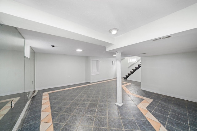 3900 Home Ave, Stickney, IL 60402 - finished basement with baseboards, stairs, inlaid floor details, tile patterned flooring, and recessed lighting