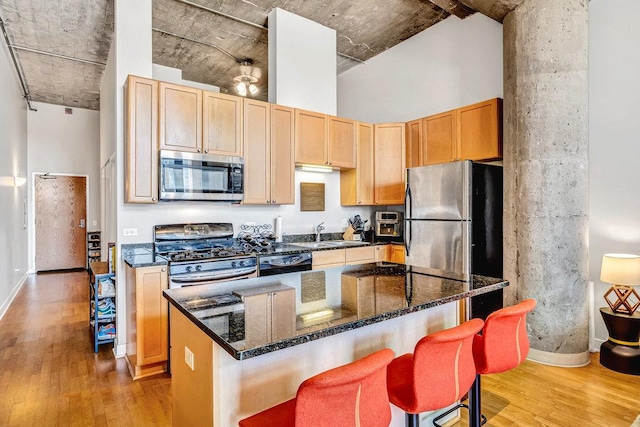 320 E 21st St Unit 412, Chicago, IL 60616 - kitchen with appliances with stainless steel finishes, a towering ceiling, light wood-type flooring, a sink, and baseboards