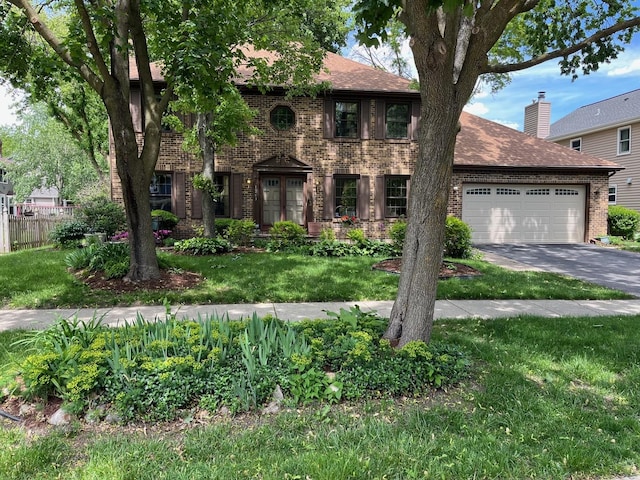 1263 Bainbridge Dr, Naperville, IL 60563 - view of front of house with brick siding, an attached garage, driveway, a shingled roof, and a chimney