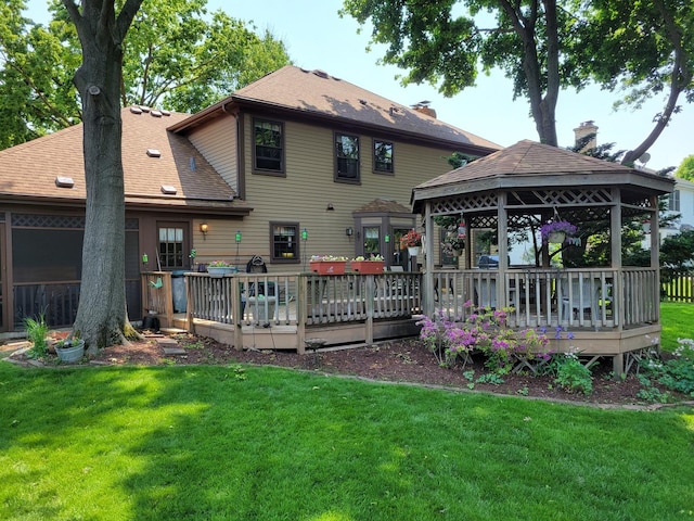 1263 Bainbridge Dr, Naperville, IL 60563 - rear view of house with a gazebo, a yard, a wooden deck, and a chimney