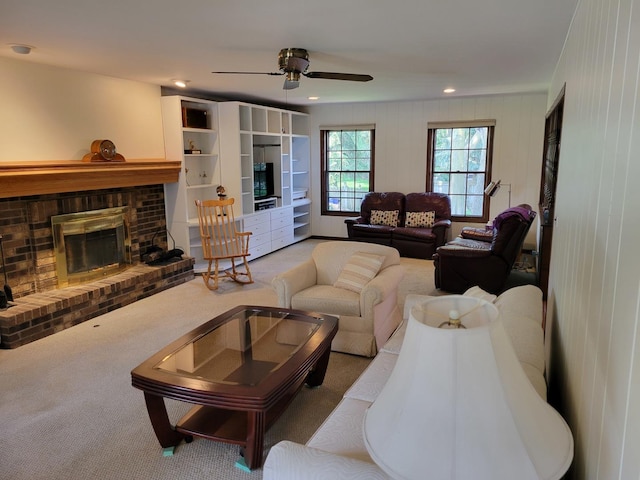 1263 Bainbridge Dr, Naperville, IL 60563 - carpeted living room with ceiling fan, a brick fireplace, and recessed lighting