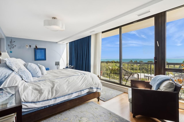 2314 N Lincoln Park W Unit 11S, Chicago, IL 60614 - bedroom featuring multiple windows, wood finished floors, a water view, and floor to ceiling windows