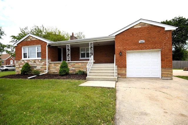 5009 W 79th Pl, Burbank, IL 60459 - view of front of home with a porch, a front lawn, concrete driveway, brick siding, and an attached garage