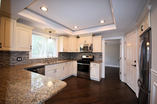 5009 W 79th Pl, Burbank, IL 60459 - kitchen featuring stainless steel appliances, a sink, a raised ceiling, stone countertops, and ornamental molding