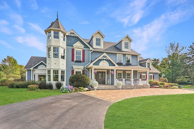 6537 Stockbridge Ln, Long Grove, IL 60047 - victorian-style house featuring a front lawn, a porch, a shingled roof, and asphalt driveway