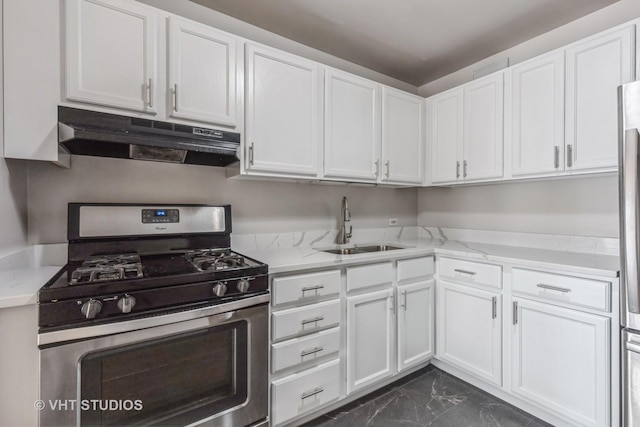 6700 S S Shore Dr Unit 5E, Chicago, IL 60649 - kitchen with stainless steel range with gas stovetop, under cabinet range hood, a sink, white cabinets, and dark marble finish floors