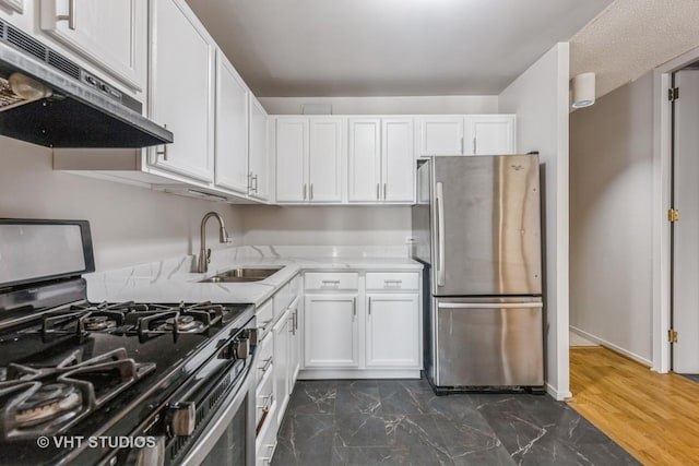 6700 S S Shore Dr Unit 5E, Chicago, IL 60649 - kitchen with stainless steel appliances, under cabinet range hood, a sink, white cabinets, and light stone counters
