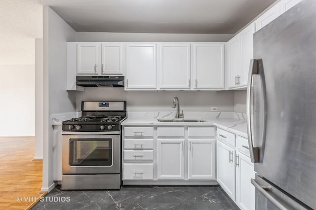 6700 S S Shore Dr Unit 5E, Chicago, IL 60649 - kitchen with appliances with stainless steel finishes, a sink, under cabinet range hood, white cabinets, and light stone countertops