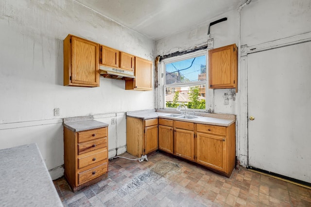 4728 S Evans Ave, Chicago, IL 60615 - kitchen featuring a sink, under cabinet range hood, light countertops, and brown cabinets