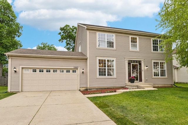 1885 W Greenleaf Ct, Round Lake, IL 60073 - colonial inspired home with concrete driveway, a garage, and a front lawn