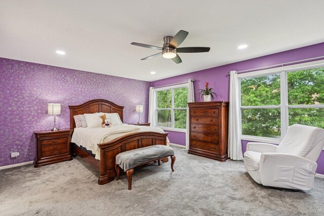 1885 W Greenleaf Ct, Round Lake, IL 60073 - carpeted bedroom with wallpapered walls, baseboards, a ceiling fan, and recessed lighting