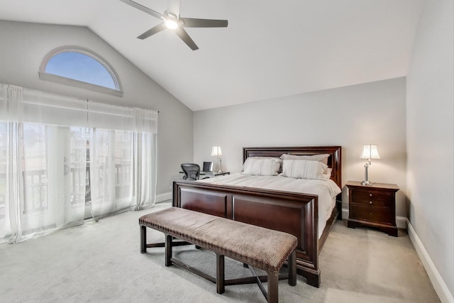 2722 N Bosworth Ave, Chicago, IL 60614 - bedroom featuring light carpet, ceiling fan, high vaulted ceiling, and baseboards