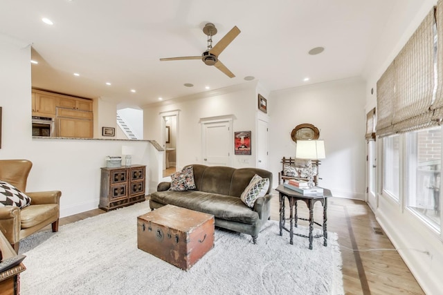 2722 N Bosworth Ave, Chicago, IL 60614 - living room with light wood-style floors, ceiling fan, stairs, baseboards, and recessed lighting