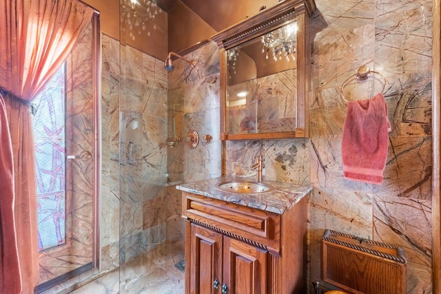3530 N Lake Shore Dr Unit 12B, Chicago, IL 60657 - bathroom featuring tile walls, vanity, a shower, heating unit, and healthy amount of natural light