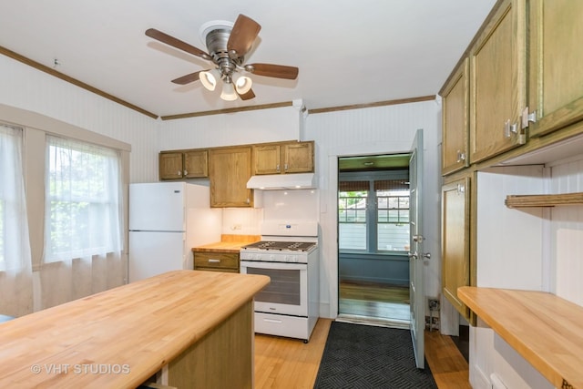 3726 Kenilworth Ave, Berwyn, IL 60402 - kitchen featuring white appliances, under cabinet range hood, wooden counters, crown molding, and light wood-type flooring