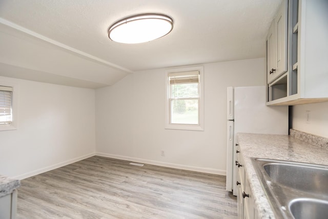 1326 N Harrison St, Algonquin, IL 60102 - kitchen featuring light countertops, light wood finished floors, lofted ceiling, a sink, and freestanding refrigerator