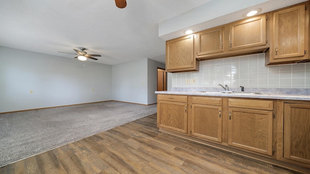 305 S Prairie Ave, Polo, IL 61064 - kitchen with ceiling fan, a sink, baseboards, light countertops, and decorative backsplash