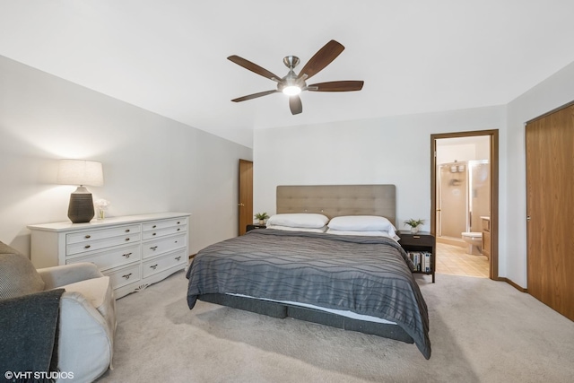 204 Barnwood Trl, Mchenry, IL 60050 - bedroom with light colored carpet, connected bathroom, and a ceiling fan